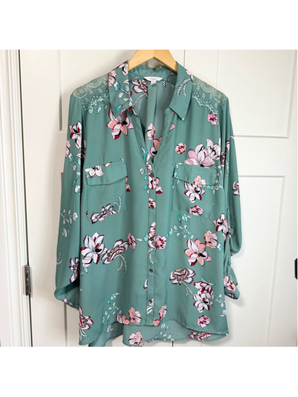 Candie's Green and Pink Floral lace Button Down Shirt juniors size 3x - Picture 2 of 12